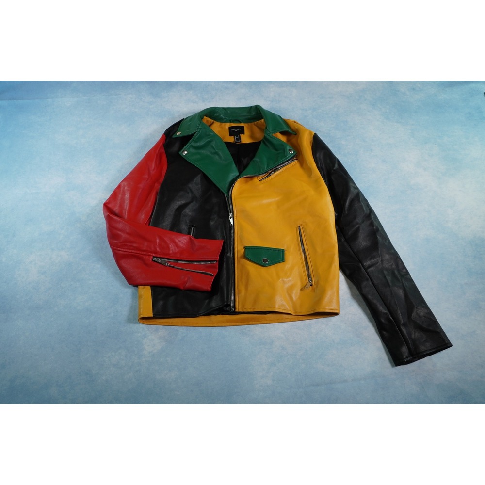 Forever 21 Men Colorblock Faux Leather Biker Moto Jacket Red Green Yellow Large